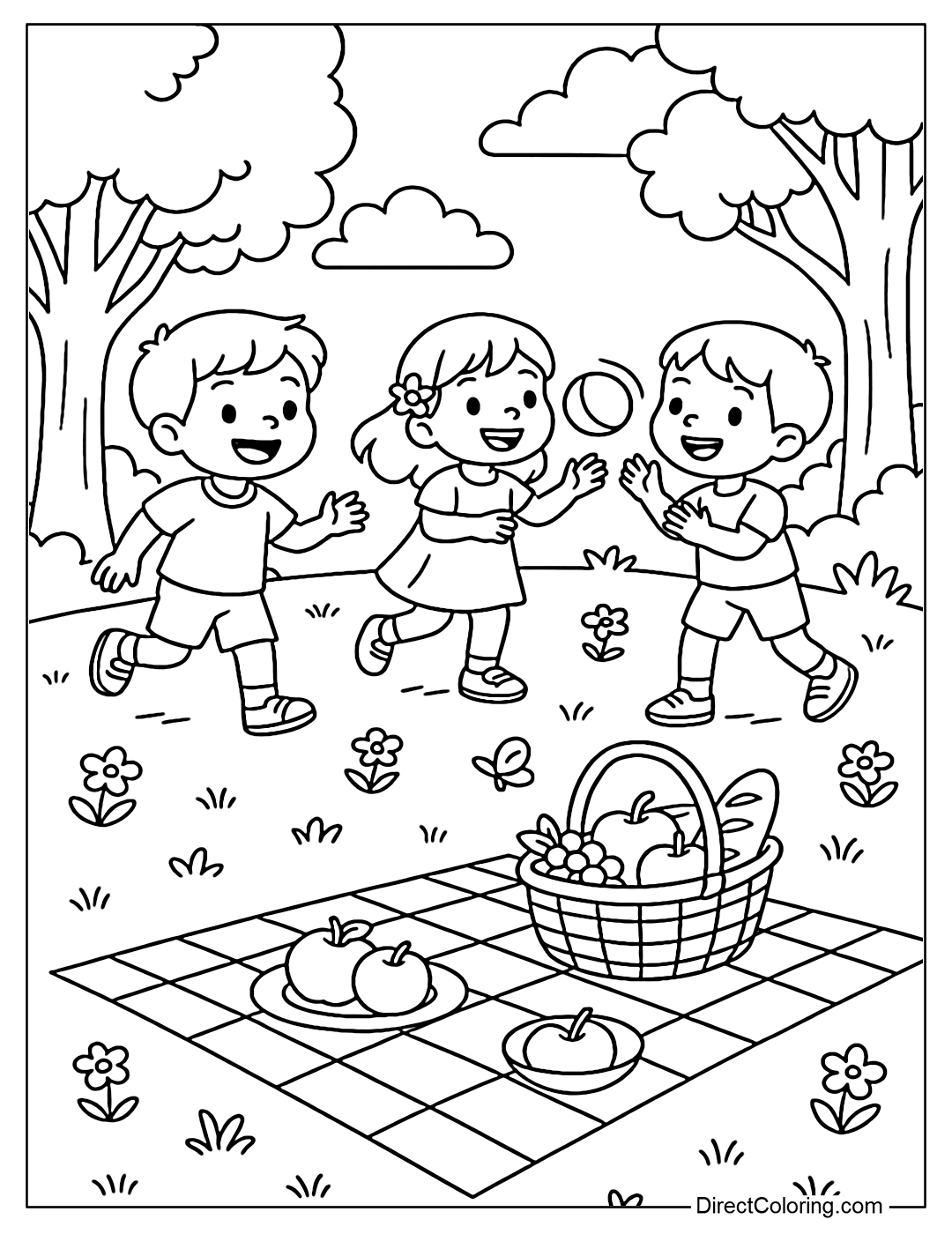 Coloring page of a group of friends playing ball near a picnic mat with a fruit basket.